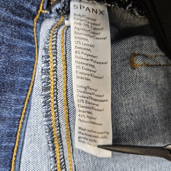 Spanx Jeans Womens Medium Blue Skinny Jeggings Pull On Distressed Raw Hem - Picture 5 of 12